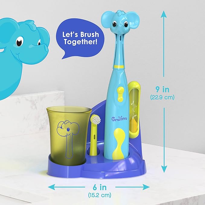 Brusheez Kids’ Electric Toothbrush Set - Safe & Effective for Ages 3+ - Parent Tested & Approved with Gentle Bristles, 2 Brush Heads, Rinse Cup, 2-Minute Timer, & Storage Base (Ollie The Elephant)-CubbioJoy