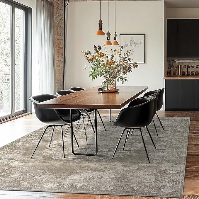 jinchan Washable Area Rug 8x10 for Living Room - Soft Faux Wool Ultra-Thin Stain Resistant Non-Slip Distressed Vintage Floral Large Carpet for Bedroom,Dining Room,Home Office,Nursery(Brown, 8'x10')-CubbioJoy