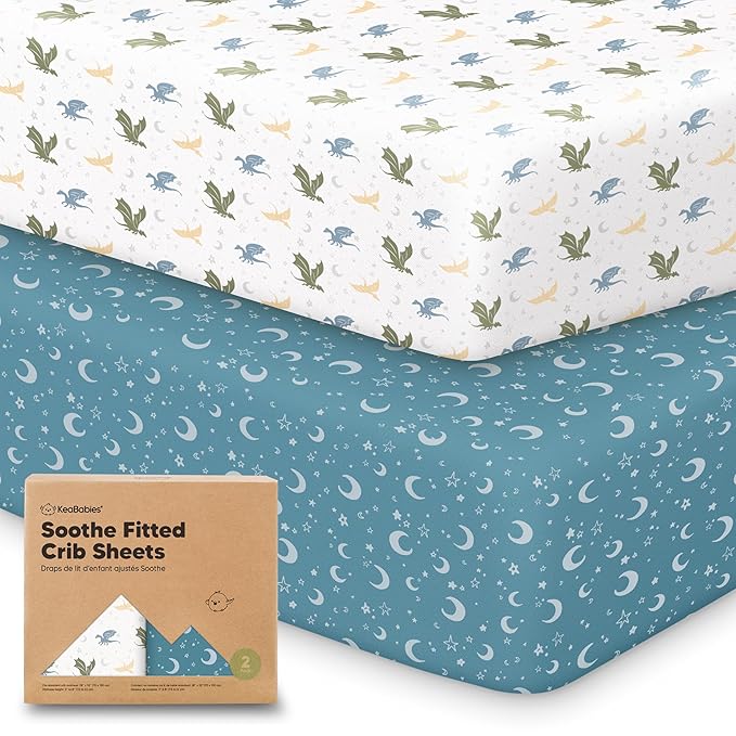 KeaBabies 2-Pack Organic Crib Sheets for Boys, Girls - 52x28 Fitted Crib Mattress Sheet Neutral, Breathable Jersey Cotton Cover for Baby Bed, Toddler Mattress, Soft & Cute Prints (Dragon Tale)-CubbioJoy