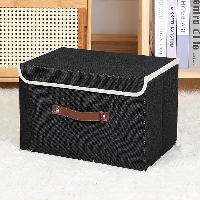 ANMINY Storage Bin with Lid Storage Boxes with PU Leather Handles PP Plastic Board Decorative Foldable Lidded Cotton Linen Fabric Home Cubes Baskets Closet Organizer Container - Black, Large Size-CubbioJoy