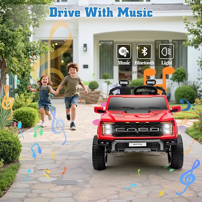 24V Ride on Car Licensed Ford F-150 Raptor, Kids Electric Car with Remote Control, LED Light/Music/MP3, Truck Bed Storage, 3-Point Seat Belt (24V, Red)-CubbioJoy