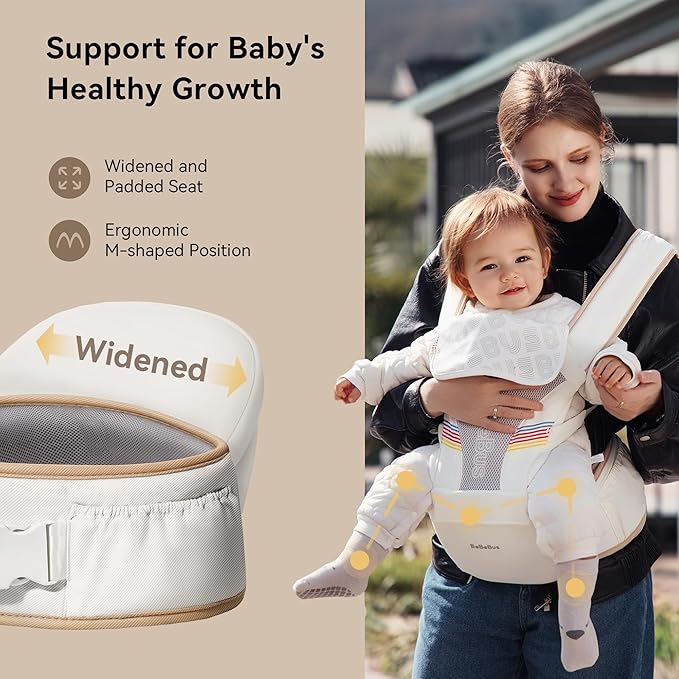 Baby Carrier with Hip Seat, BeBeBus 2-in-1 Ergonomic Newborn to Toddler Carrier up to 44 lbs, Detachable Hands-Free for Infant, All Season Forward-Facing Carry, Fits Waist Sizes up to 38 inch (White)-CubbioJoy