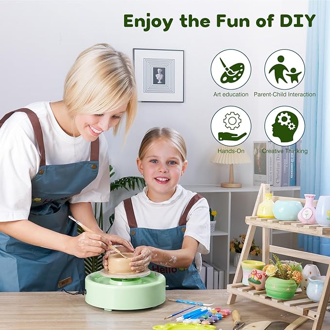 Alldeer Mini Pottery Wheel Machine - 6" Upgraded Clay Wheel for Beginners & Kids, 75W Motor, Adjustable Speed, Low Noise Ceramic Making Kit with 18PCS Sculpting Tools, Ideal for Home DIY (Green)-CubbioJoy