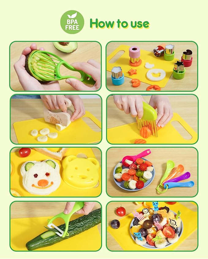 38 Pcs Kids Knife Set, BPA Free Montessori Kitchen Cooking Tools-Kid Safe Knifes, Crinkle Cutters, Avocado Slicer, Cutting Board, Peeler, Apron Gloves Set, Kitchen Tools for 3+ Year Old Girl Boy-CubbioJoy