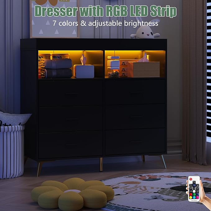 Changing Table Dresser with Drawers, Baby Dresser with Changing Table Top, Power Outlet, LED Light & Metal Feet, Diaper Changing Station Nursery Organizer for Infants Newborn, Black-CubbioJoy