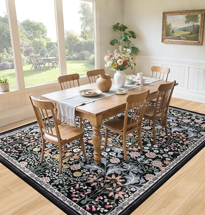 8x10 Area Rugs for Living Room: Floral Washable Rug Vintage Large Soft Boho Non-Slip Carpet Indoor Stain Resistant Low Pile Carpets for Bedroom Dining Room Farmhouse Nursery Home Office Dark Black-CubbioJoy
