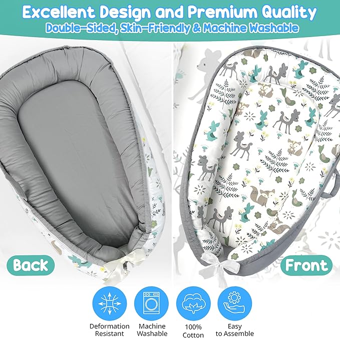 Baby Lounger - Baby Lounger for Newborn 0-24 Months, Breathable, Soft Cotton Baby Nest, Portable Infant Lounger for Home & Travel, Newborn Essentials Gift (Grey Deer)-CubbioJoy