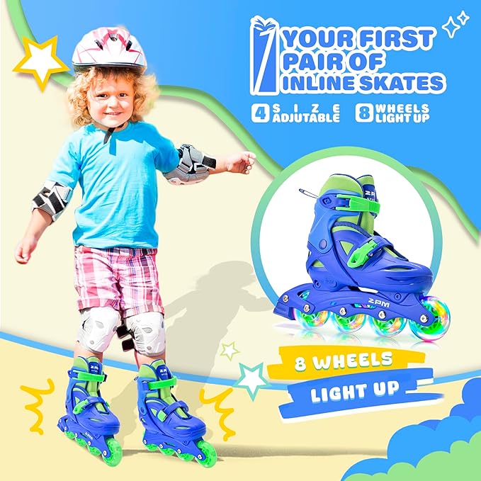 2PM SPORTS Inline Skates with Light Up Wheels, Roller Skates Blades for Boys Girls Kids Ages 5-8 8-12 4-6 6-12, Size Adjustable Beginner Blades Roller Skates-CubbioJoy