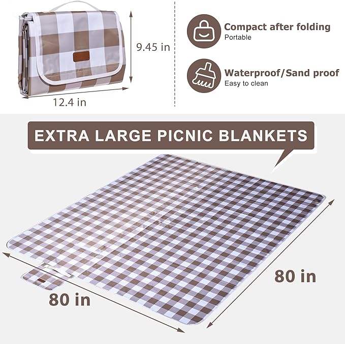 80"x80" Extra Large Waterproof Outdoor Mat - Sandproof Foldable Picnic Blanket for Family Camping, Backyard, Beach Parties - Heavy Duty & Easy Storage (Dark Brown)-CubbioJoy