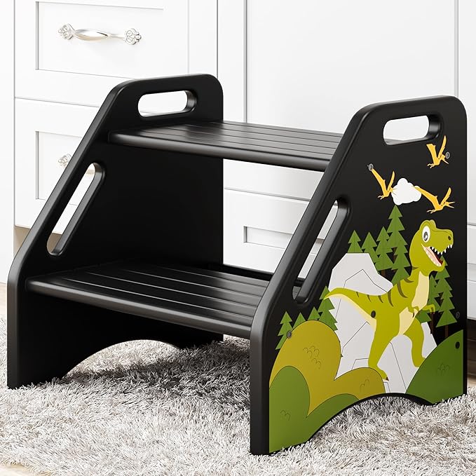 AMBIRD Toddler Step Stool, Dinosaur Wooden Two Step Stool for Kids with Non-Slip Pads, Portable Potty Training Stool with Handles for Bathroom, Sink, Kitchen, Bedroom-CubbioJoy
