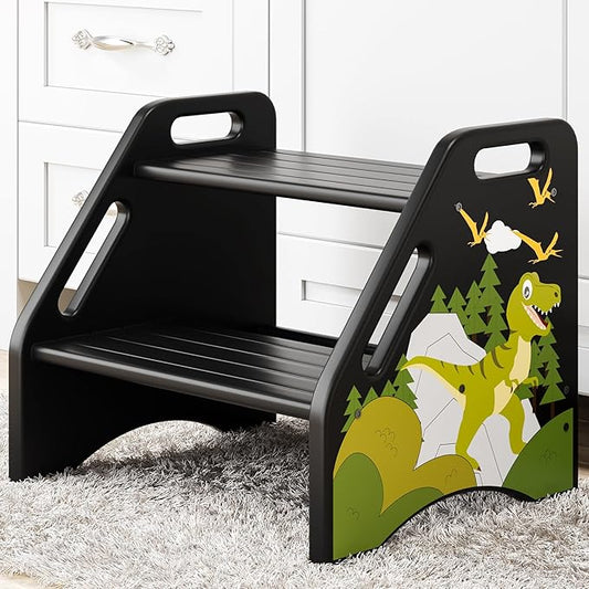 AMBIRD Toddler Step Stool, Dinosaur Wooden Two Step Stool for Kids with Non-Slip Pads, Portable Potty Training Stool with Handles for Bathroom, Sink, Kitchen, Bedroom-CubbioJoy