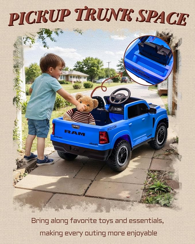 12V Kids Electric Vehicles, Licensed Ram 1500 RHO Kids Ride on Truck with Remote Control, Ride on Car for Children with Smooth Start, Truck Bed Storage, Bluetooth, Aux Port (Blue)-CubbioJoy