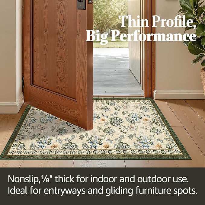 jinchan 2x3 Floral Rug for Entryway Washable Kitchen Rug Vintage Romance Design Small Mat Non Slip Indoor Doormat Lightweight Low-Profile Throw Carpet for Entrance Bathroom Laundry Room, Green/Beige-CubbioJoy