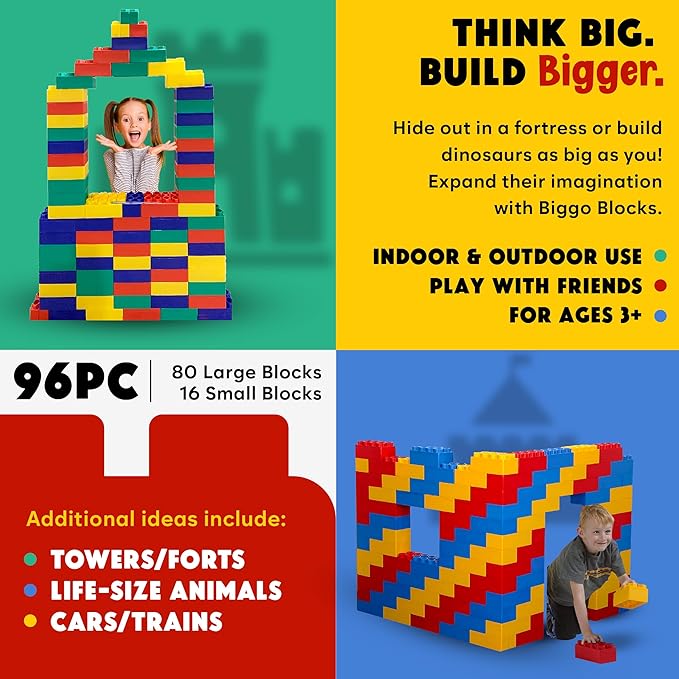 Big Blocks for Kids Ages 4-8, Indoor & Outdoor Blocks for Kids Jumbo Games, Large Building Blocks (96 PC) Standard Set-CubbioJoy