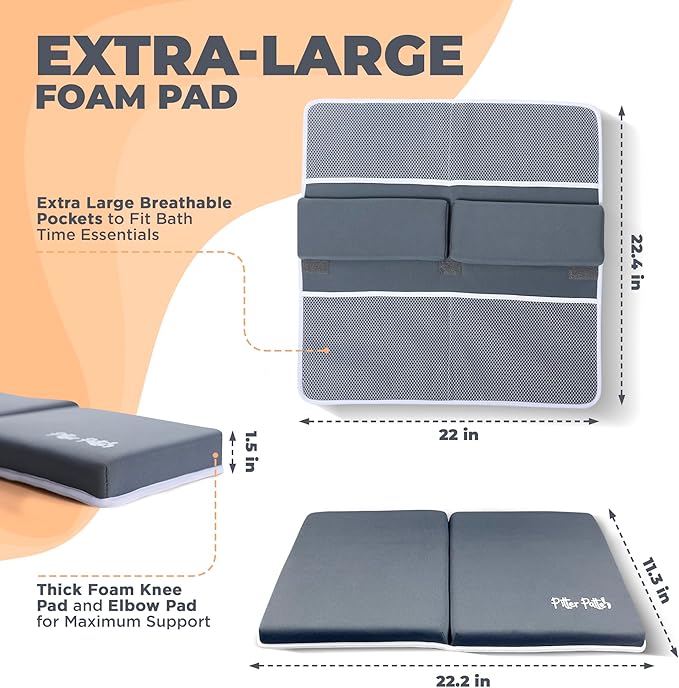 Baby Bath Kneeler and Elbow Rest Pad Set Made of Neoprene & Foam - Non Slip Cushioned Bath Kneeling Pad for Bathing Baby with XL Compartments for Bath Toy Storage for Tub-CubbioJoy