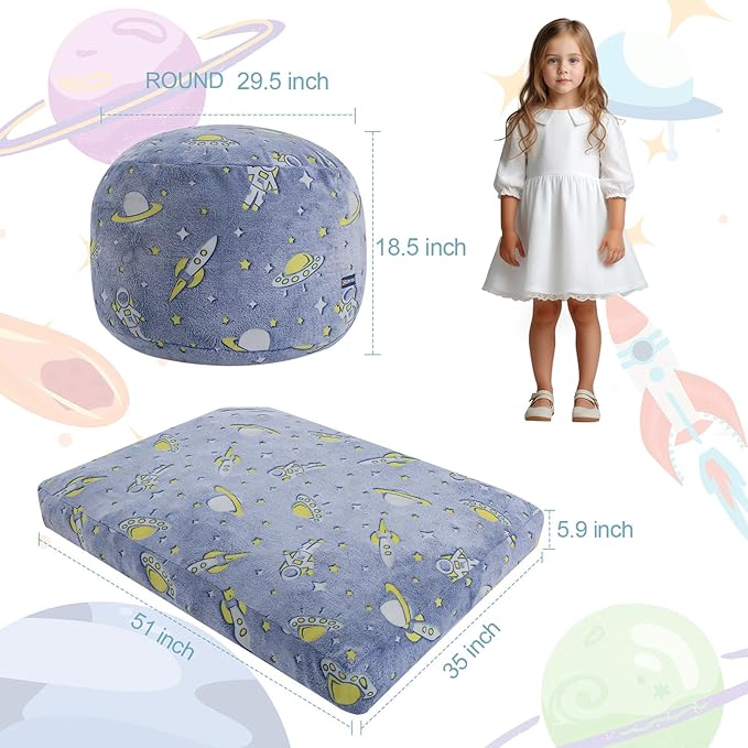 COMAX Kids Bean Bag Chair Turn into Beanbag Bed, Toddler Bean Chair for Girl Boy Sleeping, Lazy Children Bean Bags with Filler, Convertible Child Floor Mattress, Blue Universe-CubbioJoy