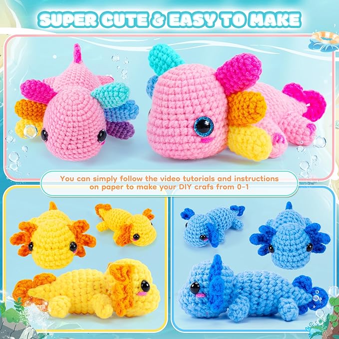 Crochet Kit for Beginners-3PCS Axolotl Crochet Kits for Adults Kids, Crochet Starter Kit with Step-by-Step Video Tutorials, Crochet Animals Kits DIY Craft Knitting Kit Learn to Crochet Kits for Adults-CubbioJoy