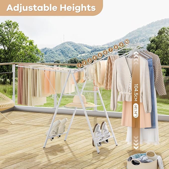 APEXCHASER Drying Rack for Clothing Foldable, Metal Laundry Rack Collapsible, Ultra Thin Gullwing Clothes Airer with Adjustable Height for Towel Baby Clothes Indoor Outdoor Laundry Room, White-CubbioJoy