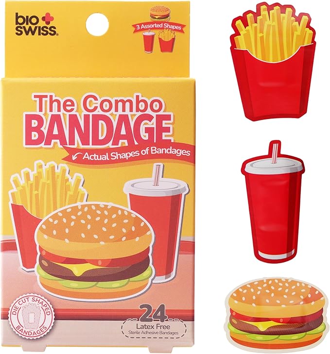 BioSwiss Bandages, Combo Meal Shaped Self Adhesive Bandage, Latex Free Sterile Wound Care, Fun First Aid Kit Supplies for Kids, 24 Count-CubbioJoy