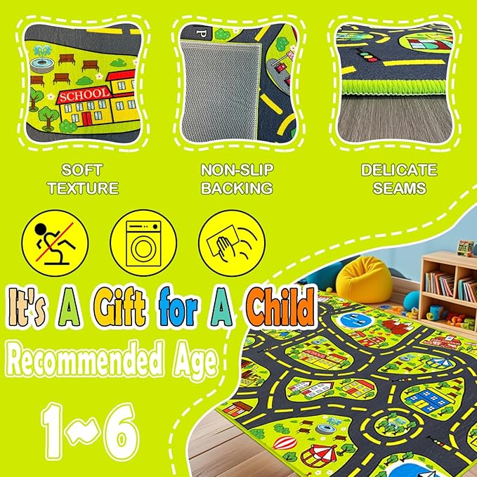 Car Rug for Kids 2.6x5 Feet - City Road Track Rug, Educational Car Floor Mats for Kid Room Playroom Games Room-CubbioJoy