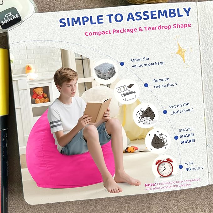 2FT Bean Bag Chair, Comfy Bean Bag Chairs with Memory Foam Filled, Fluffy Beanbag Sofa with Dutch Velvet Cover, Teardrop BeanBag Chairs for Living Room, Playroom - Pink-CubbioJoy