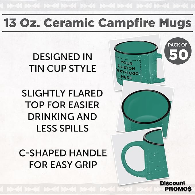 DISCOUNT PROMOS Custom Ceramic Campfire Coffee Mugs 13 oz. Set of 50, Personalized Bulk Pack - Perfect for Tea, Espresso, Cappuccino, Hot Cocoa - Mint-CubbioJoy