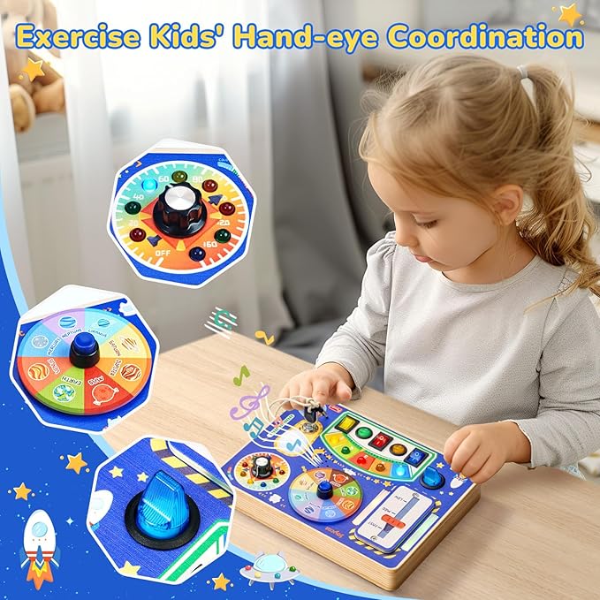 JoyCat Busy Board with Led Light, Toddler Toys for 1 2 3 4 Year Old Boys and Girls, Wooden Sensory Toys with Music, Travel Toy for Toddlers 1-3, Birthday Presents (Blue)-CubbioJoy