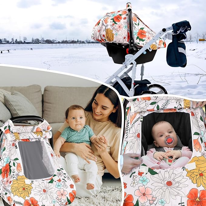 Baby Carseat Cover Girls, Pea Pod Infant Car Seat Covers Canopy for Newborn with 2 Layers Windows of Breathable Mesh/Fabric, Lightweight Polyester/Minky Dot Backing, Snug Fit Most Baby Car Seat-CubbioJoy