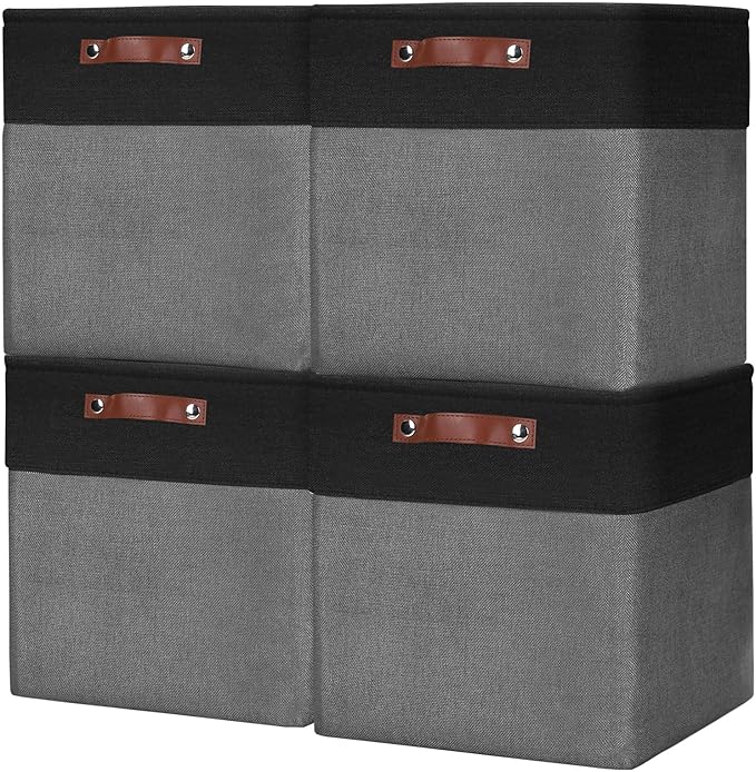 13x13 Cube Storage Bins, Collapsible Fabric Storage Box, 4 Pack Closet Baskets with Handles for Organizing, Shelf, Toys, Clothes, Home, Office, Nursery (Grey&Black)-CubbioJoy