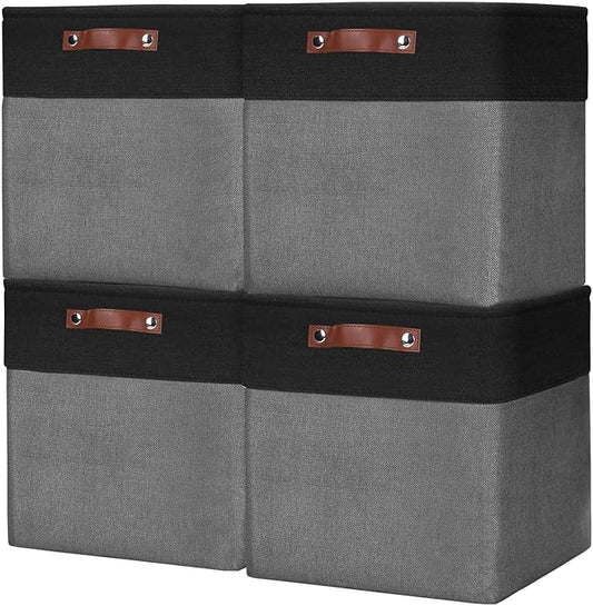 13x13 Cube Storage Bins, Collapsible Fabric Storage Box, 4 Pack Closet Baskets with Handles for Organizing, Shelf, Toys, Clothes, Home, Office, Nursery (Grey&Black)-CubbioJoy