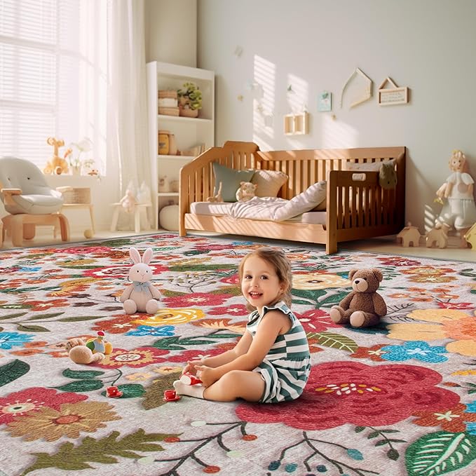 8x10 Area Rug for Living Room: Vintage Floral Washable Rug Soft Boho Non Slip Carpet Large Indoor Floor Non Shedding Low Pile Thin Carpets for Bedroom Dining Room Farmhouse Nursery Home Office Beige-CubbioJoy