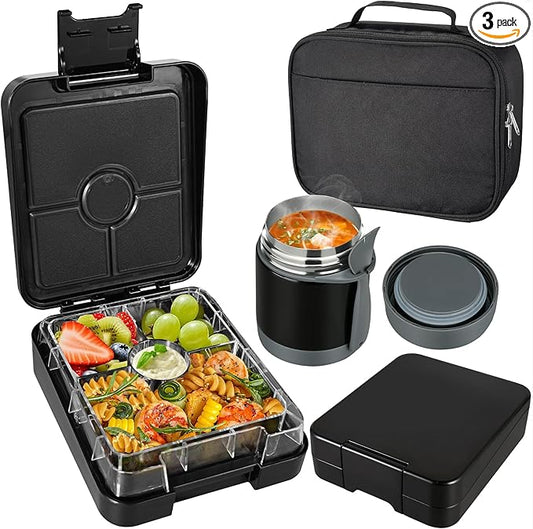Bento Lunch Box Set With 10oz Soup Thermo, Leak-proof Lunch Containers with 4 Compartment, Kids Hot Thermo Food Jar/Insulation Lunch Bag, Food Containers for School (Black)-CubbioJoy