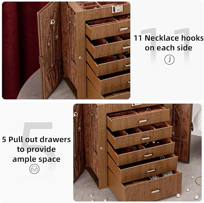 6 Tier Jewelry Box, Jewelry Case with 5 Drawers, Large Storage Capacity, with Mirror, Lockable, Jewelry Storage Organizer, Gift for Loved Ones-CubbioJoy