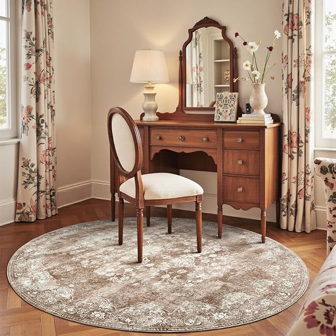 jinchan Round Rug 6ft Area Rug - Brown Vintage Floor Mat Kitchen Indoor - Washable Circle 6' Thin Floral Print Carpet Retro Farmhouse Non Slip Dining Room Living Room Bedroom Office-CubbioJoy