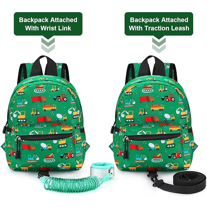 Accmor Toddler Backpack with Leash, Cute Baby Backpack with Anti Lost Wrist Link, Mini Kids Backpack Leash Walking Harness for Travel, Small Excavator Backpack Tether for Boys Girls Ages 1-3 (Green)-CubbioJoy