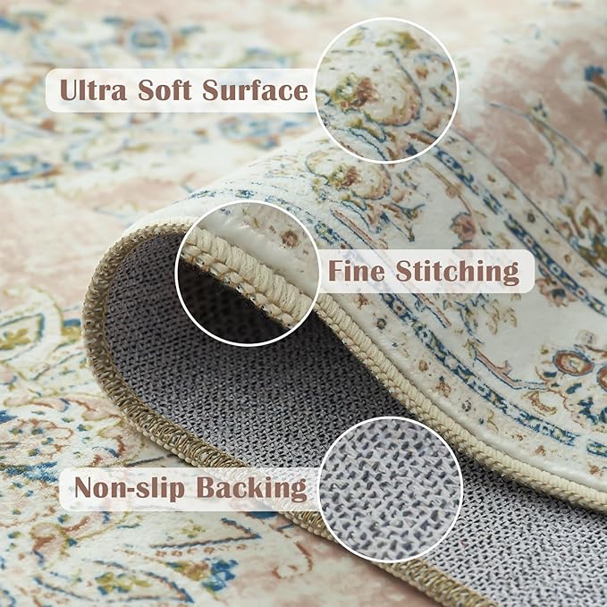 jinchan Washable Area Rug 4x6 Ultra-Thin Low Pile Non-Slip Stain Resistant Soft Faux Wool Spring Floral Rug Distressed Vintage Carpet for Bedroom,Living Room,Dining Room,Kitchen,Nursery(Pink, 4' x 6')-CubbioJoy