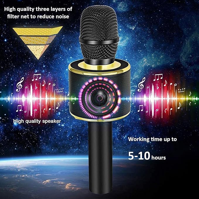 BONAOK Wireless Bluetooth Karaoke Microphone, 3-in-1 Portable Handheld Mic Speaker Machine for All Smartphones, Gifts to Girls Boys Kids Adults All Age Q37(Black Gold)-CubbioJoy