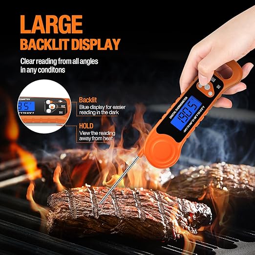 Digital Meat Thermometer for Grilling, Candy Thermometer Instant Read Food Thermometer Waterproof with Backlight for Cooking, Deep Fry, BBQ, Grill, Smoker and Roast (Orange)-CubbioJoy