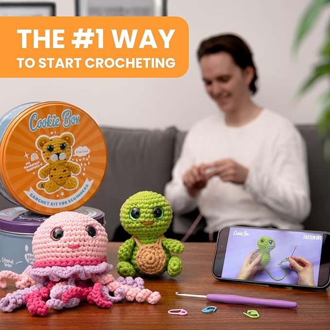 Cookie Box Crochet Kit for Beginners - Learn to Craft Amigurumi Stuffed Animals - Knitting Gift for Kids and Adults - Beginner-Friendly Yarn - Stitch-by-Stitch Video Tutorial - Bear Bruno-CubbioJoy