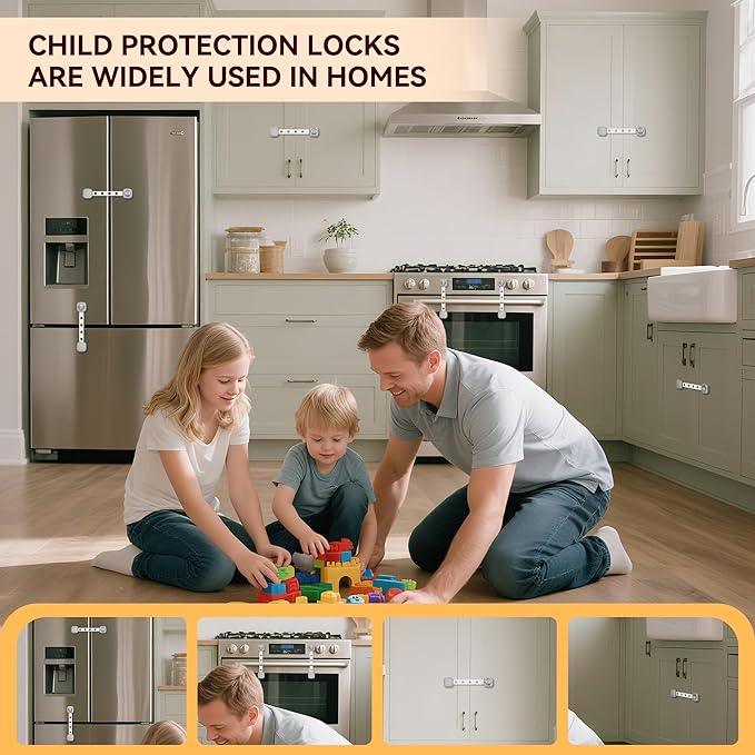 2 Pack Cabinet Locks/Refrigerator Locks Baby Proofing - Child Proof Locks for Drawer, Refrigerator, Fridge, Toilet Seat-No Screws or Tools Required (2 Pack-Grey Locks)-CubbioJoy