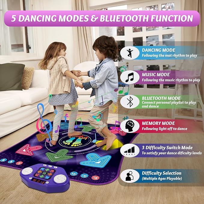 Dance Mat Toys for 3-12 Year Old Girls & Boys, Dance Mats with Light Up 8-Buttons & Wireless Bluetooth, Music Dance Toy with 5 Modes Game, Birthday Xmas Gifts for 3 4 5 6 7 8 9 10+ Year Old Girls Boys-CubbioJoy