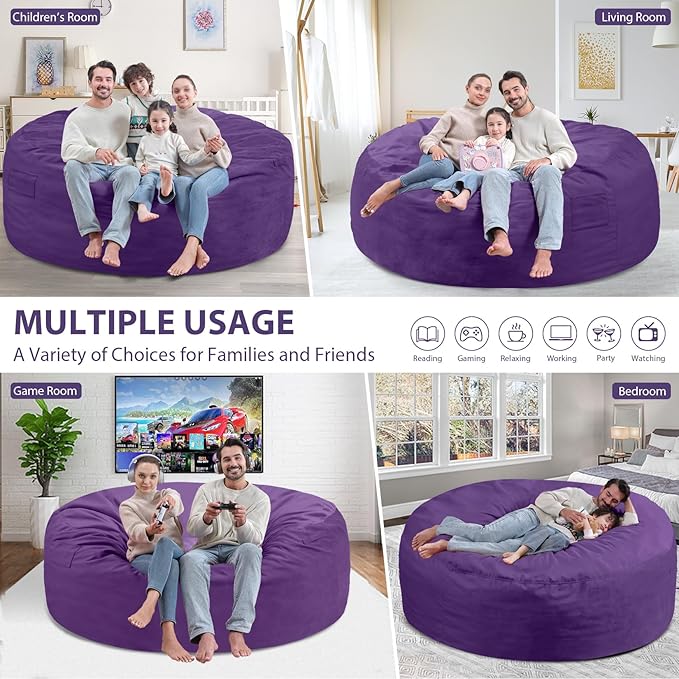 6FT Bean Bag Chair, Large Bean Bag Chairs with Memory Foam Filled, Fluffy Beanbag Sofa with Dutch Velvet Cover, Round BeanBag Chairs for Living Room, Playroom - Purple-CubbioJoy