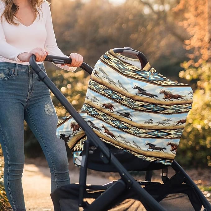 Binienty Car Seat Covers Canopy Cover for Babies, Western Aztec Horse Nursing Carseat Canopy Multifunction Breastfeeding Covers Fits Stroller, High Chair, Shopping Cart-CubbioJoy