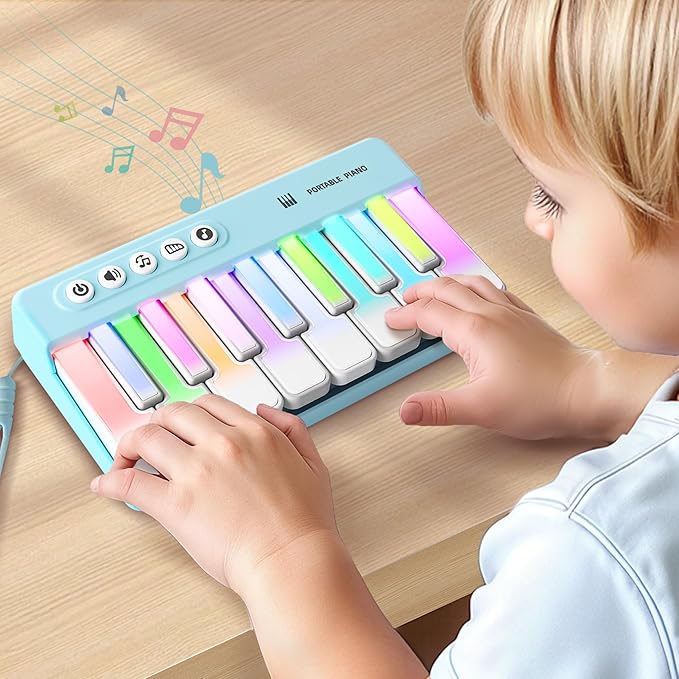 iPlay, iLearn Kids Mini Piano Toy W/Rainbow Lights, Portable Travel Piano Keyboard Toddlers Musical Instrument Learning Toys, Music Interactive Birthday Gift for 2 3 4 5 6 Year Old Boys Children-CubbioJoy