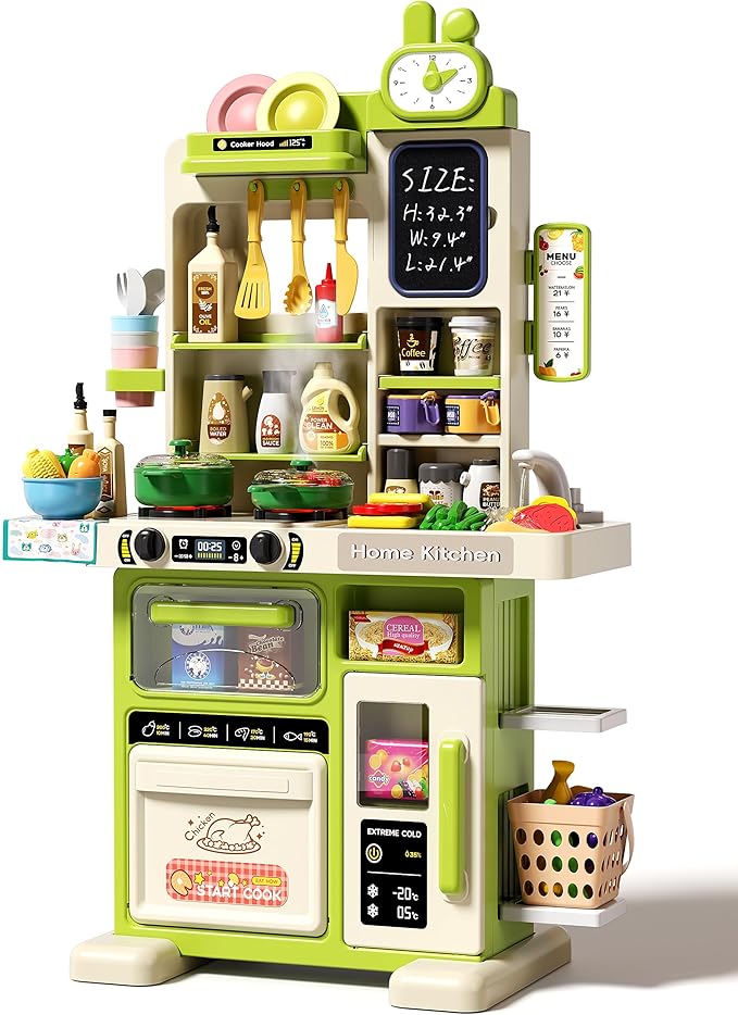 33.8IN Kids Kitchen Playset, 70PCS Kid Play Kitchen with Realistic Lights & Sounds, Spray Sink Toy Kitchen Accessories, Pretend Food Toys Kitchen for Boys Girls Toddlers(Green)-CubbioJoy