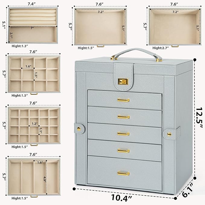 AKOZLIN Large Jewelry Box Organizer Functional Lockable with Big Mirror, Leather Jewelry Storage Case for Women Girls Ring Necklace Earring Bracelet Holder Organizer Grey-CubbioJoy