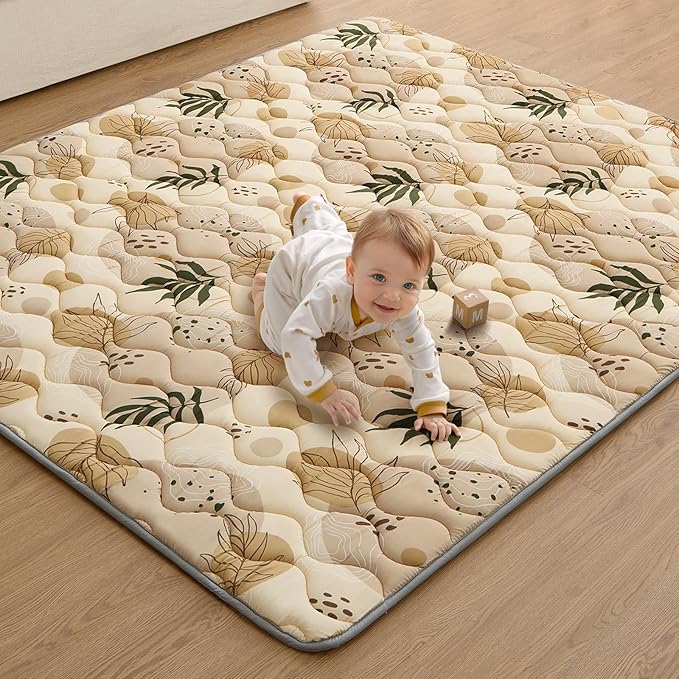Blissful Diary Baby Play Mats for Floor, 71x59 Inch Extra Thicker & Large Soft Cushioning Foam Playmats for Babies and Toddlers, Foldable Washable Baby Crawling Mat for Playpen, Earth Tones Design-CubbioJoy