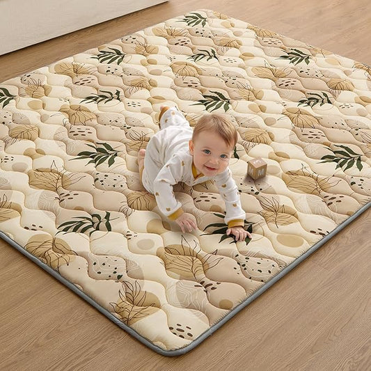 Blissful Diary Baby Play Mats for Floor, 71x59 Inch Extra Thicker & Large Soft Cushioning Foam Playmats for Babies and Toddlers, Foldable Washable Baby Crawling Mat for Playpen, Earth Tones Design-CubbioJoy