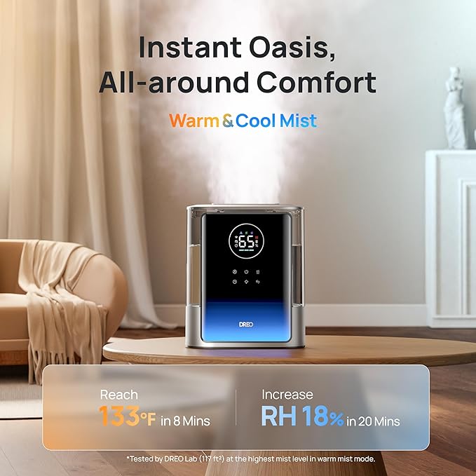 Dreo 8L Smart Humidifier Large Room 600ft², 80H Runtime Supersized Warm and Cool Mist Humidifiers for Bedroom Baby, 28dB Quiet Air Humidifier for Plants Indoor, Home, Whole House, Silver, HM717S-CubbioJoy