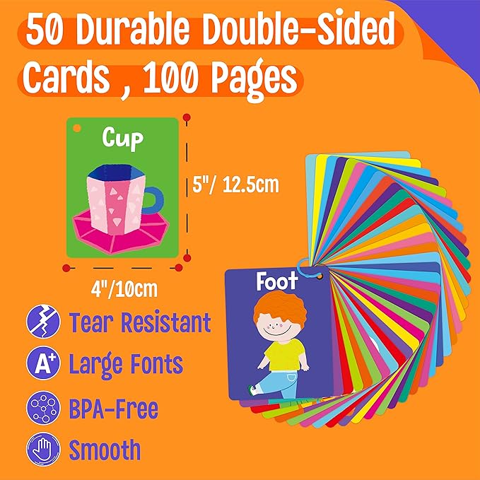 50 PCS Kid First Cognitive Flashcards,Double Sided Printed 7 in 1 Colorful Cards Alphabet,Numbers, Foods,Animals,Shapes,Colors with 3 Reclosable Rings,Learning Tool for Pre-K Kindergarten Toddlers-CubbioJoy